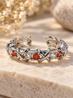 Silver Tone Red & Clear Crystal XOXO Open Adjustable Ring
